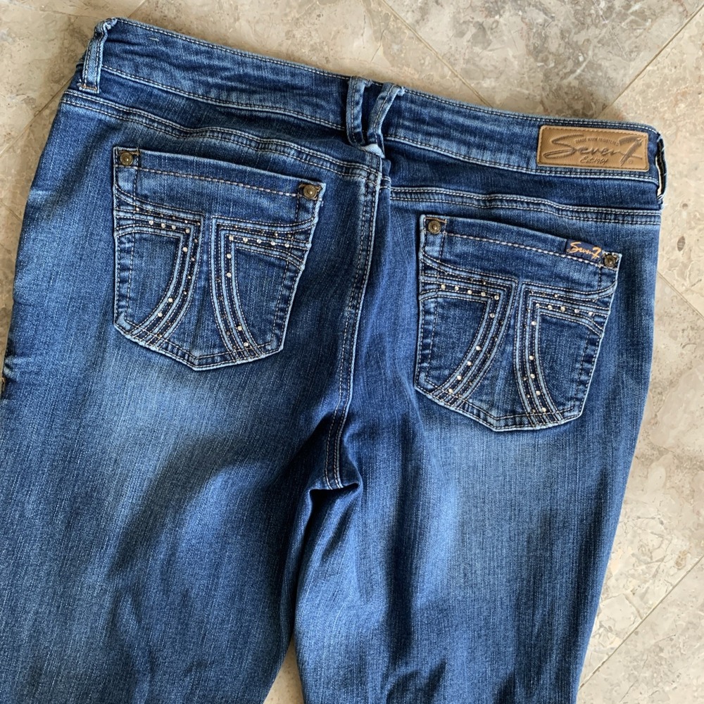 Seven7 Jeans Women‎ 14 Blue Denim Bootcut Distressed Embellished Mid Rise 34x31